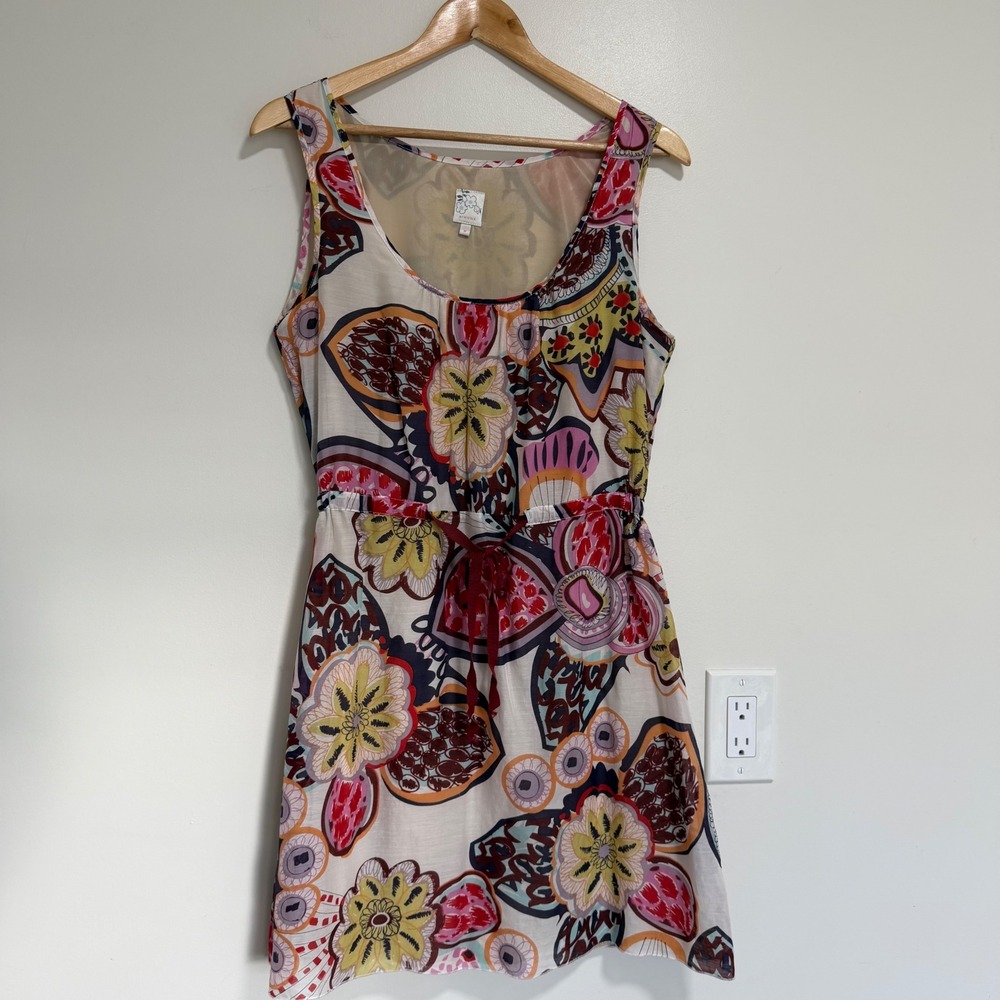 Simone Abstract Floral Silk Cotton Mini Dress Womens Size M Multi Color Boho